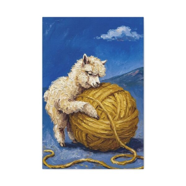 Cute Alpaca Hugging Yarn Canvas Wall Art, Whimsical Farmhouse Animal Matte Canvas Print