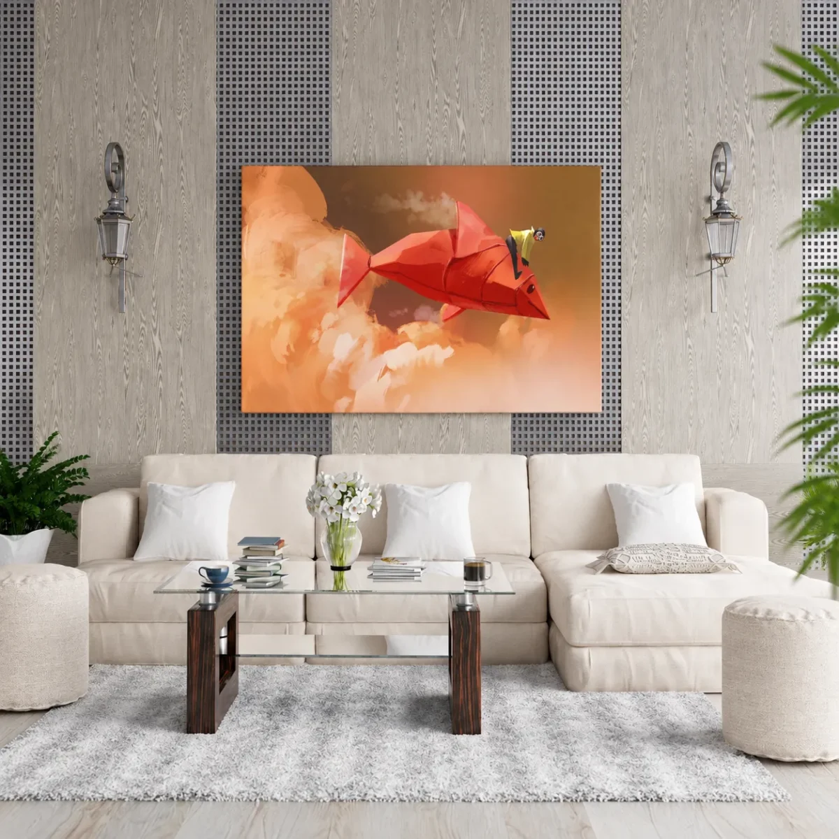 Crimson Origami Fish Wall Art – Premium Matte Canvas for Contemporary Home Decor