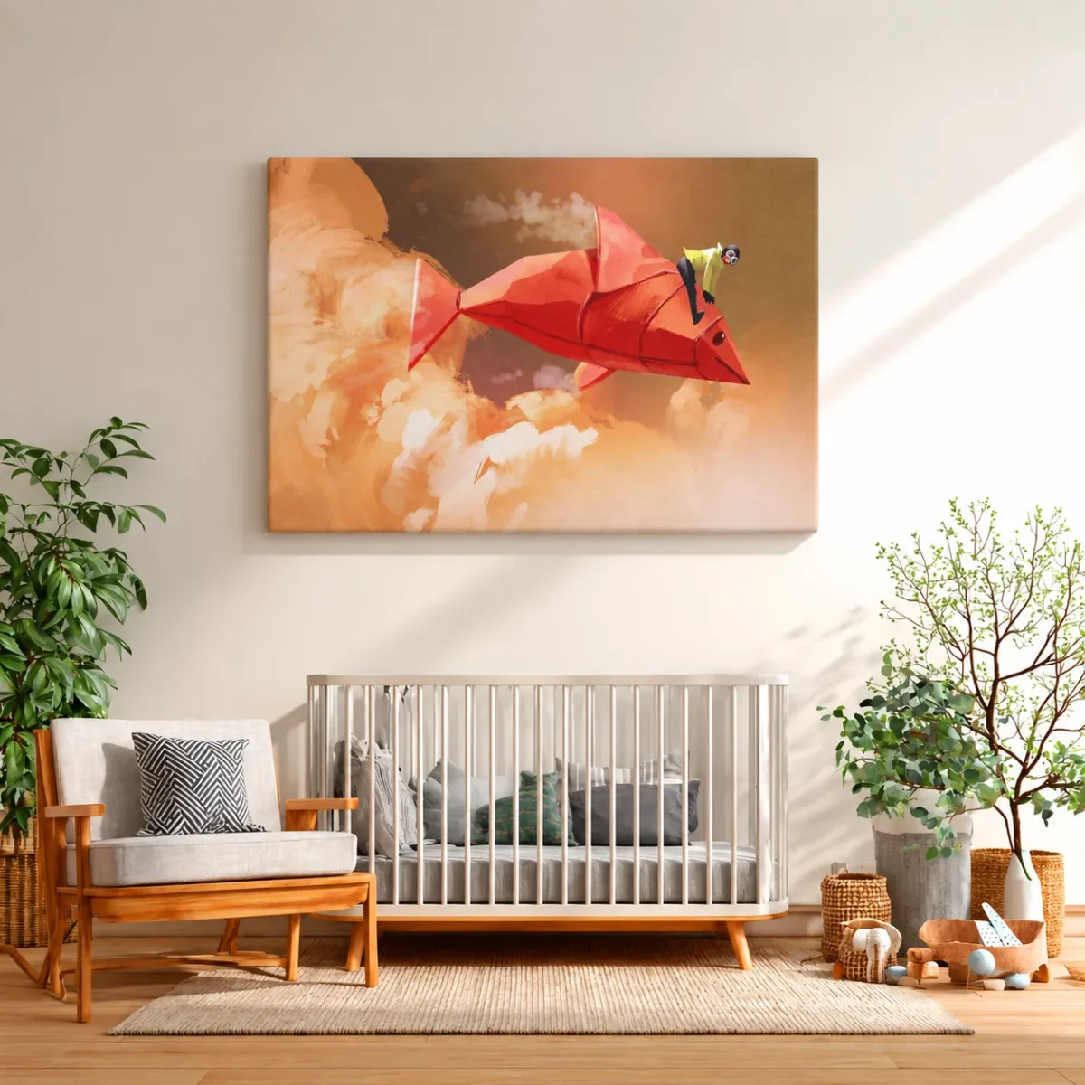Crimson Origami Fish Wall Art – Premium Matte Canvas for Contemporary Home Decor