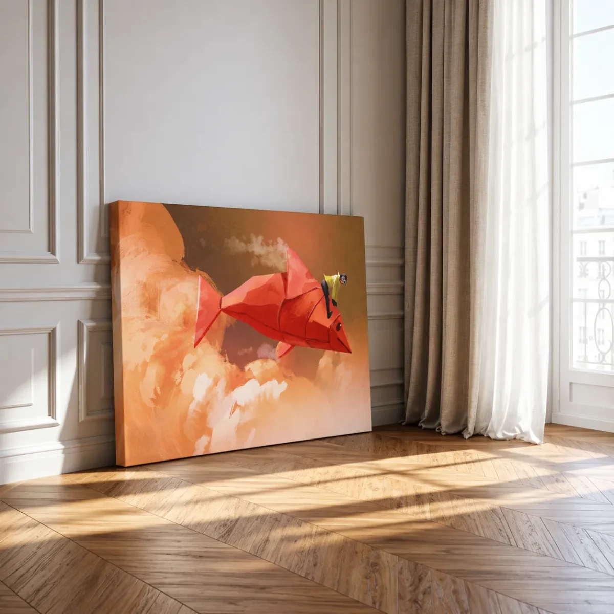 Crimson Origami Fish Wall Art – Premium Matte Canvas for Contemporary Home Decor