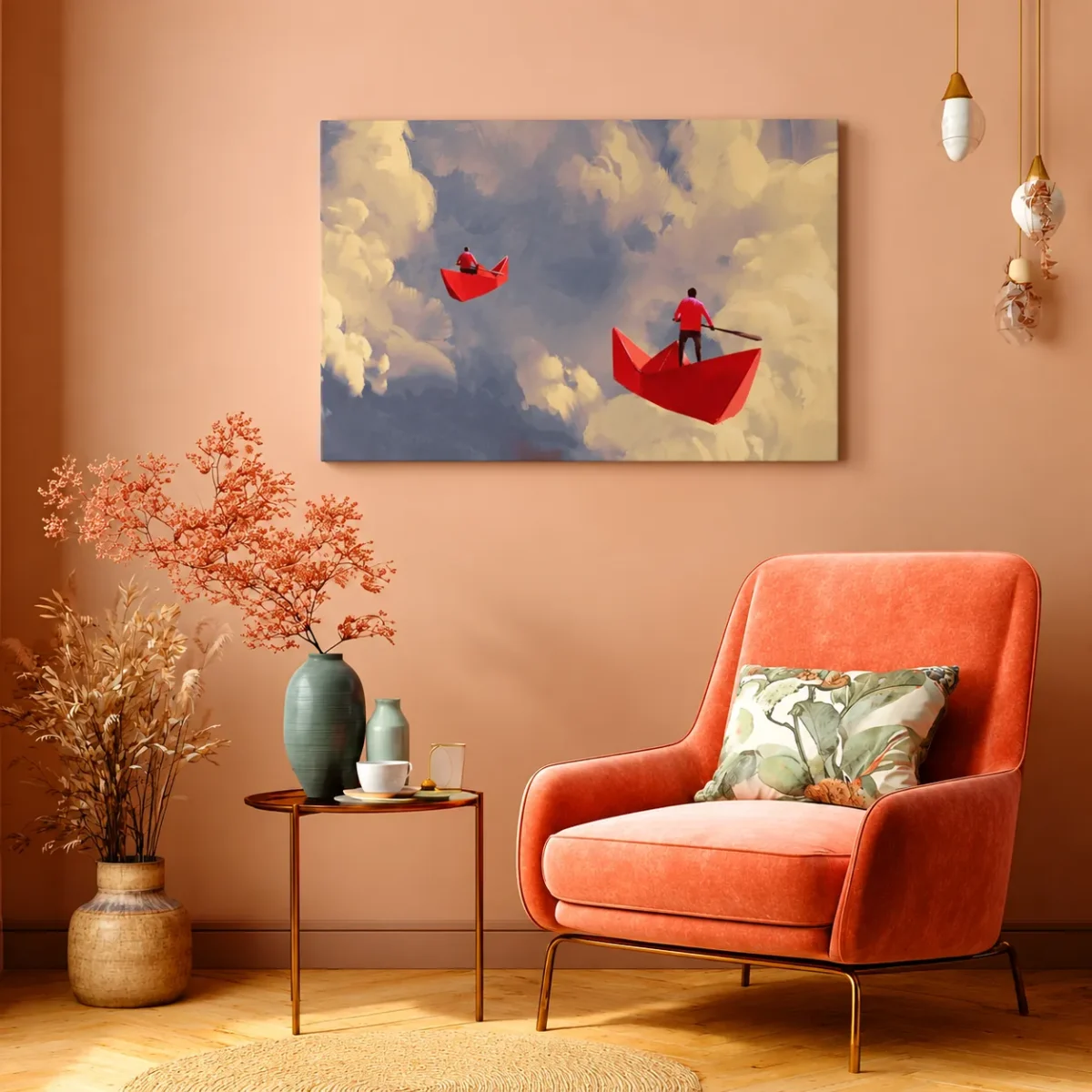 Crimson Paper Boat Wall Art – Dreamy Surreal Sky, Premium Matte Canvas for Modern Decor