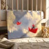 Crimson Paper Boat Wall Art – Dreamy Surreal Sky, Premium Matte Canvas for Modern Decor