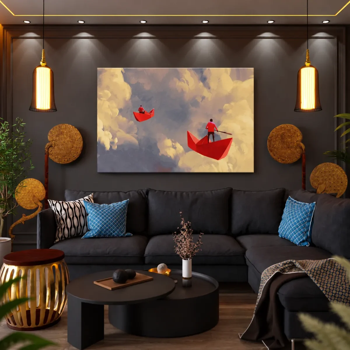 Crimson Paper Boat Wall Art – Dreamy Surreal Sky, Premium Matte Canvas for Modern Decor