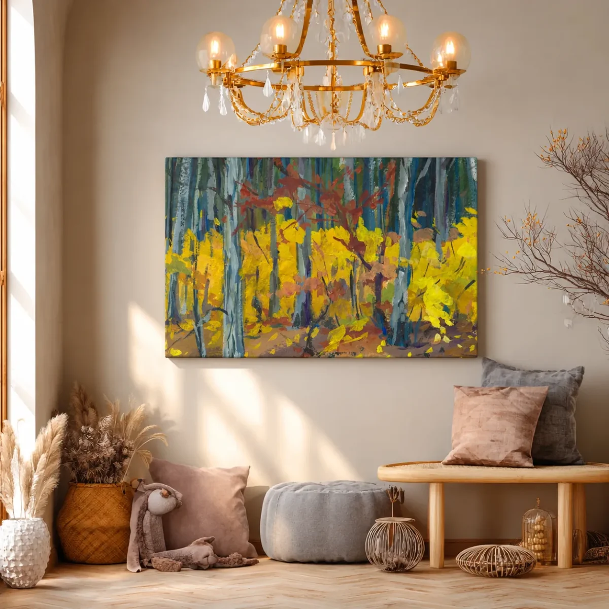 Golden Woodland Reverie – Autumn Forest Canvas Wall Art, Premium Matte Stretched Canvas