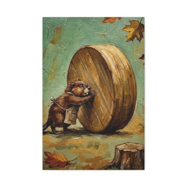 Funny Beaver Canvas Wall Art Rolling Giant Wooden Wheel | Whimsical Woodland Matte Canvas Print