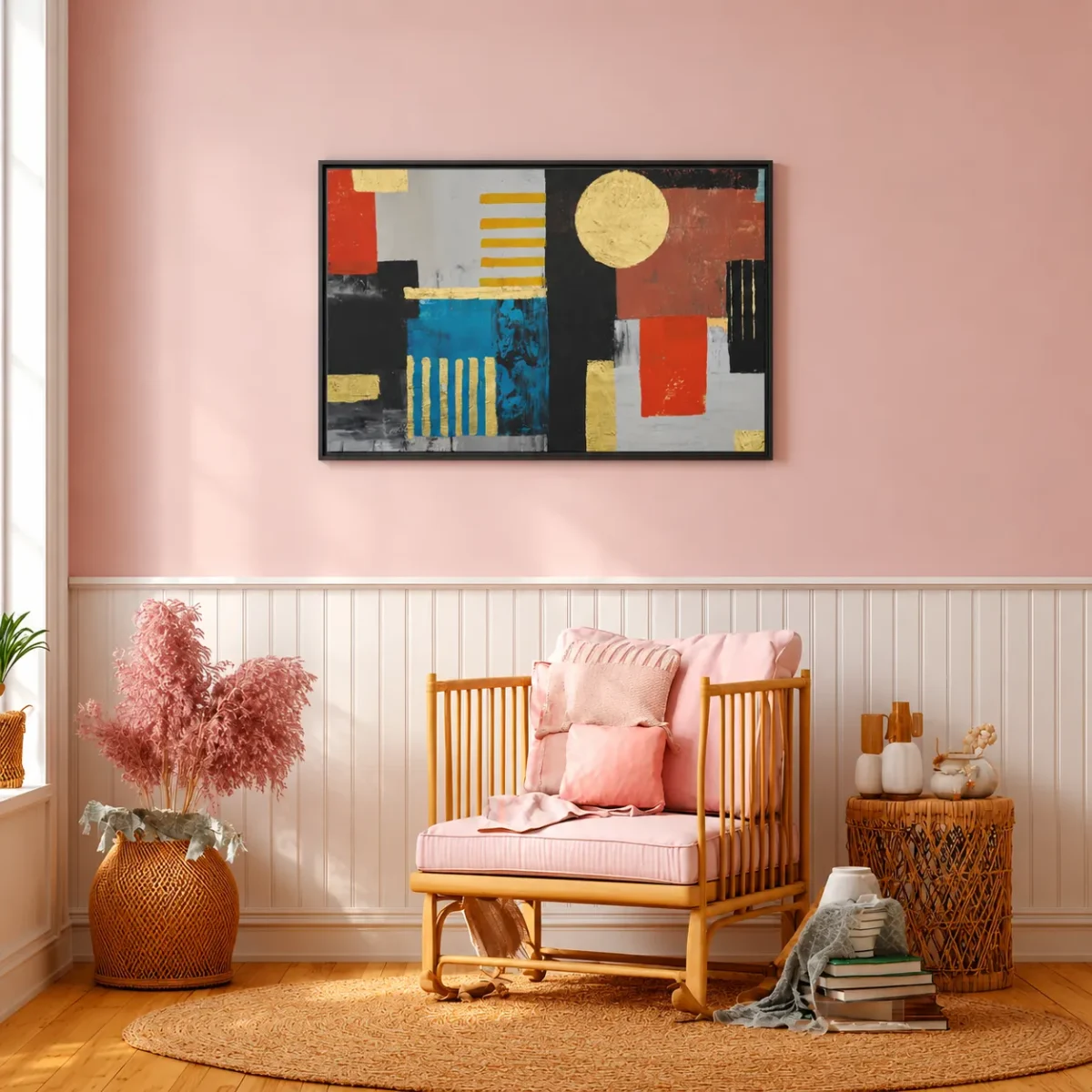 Gilded Geometry – Geometric Abstract Wall Art, Modern Framed Canvas Decor