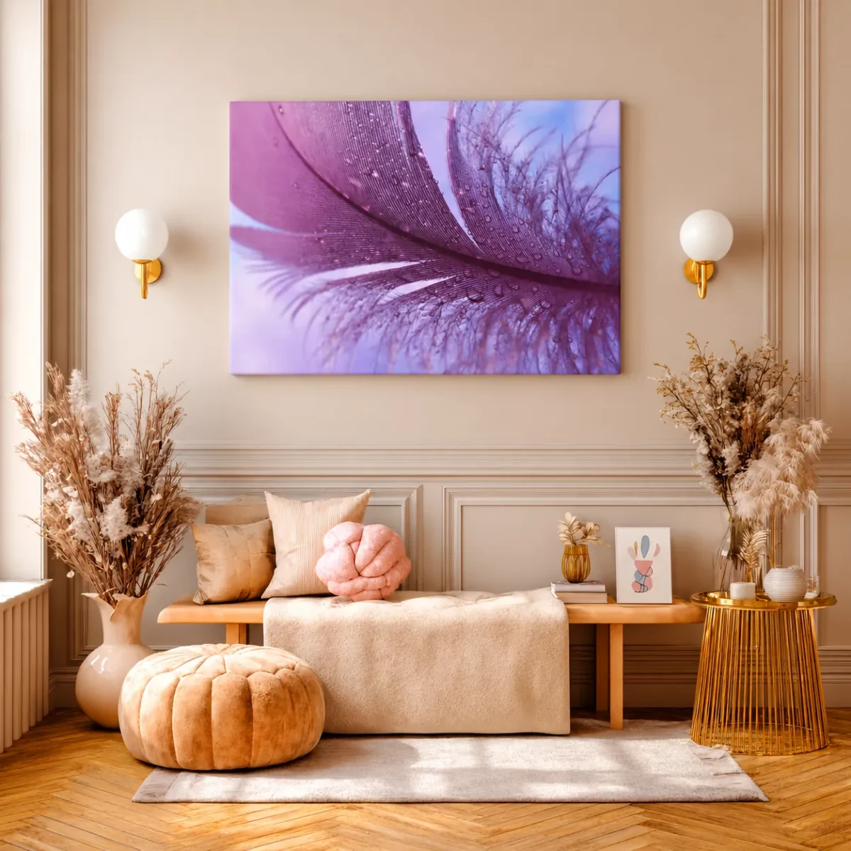 Violet Feather Canvas Wall Art – Dreamy Purple Botanical Nature Decor