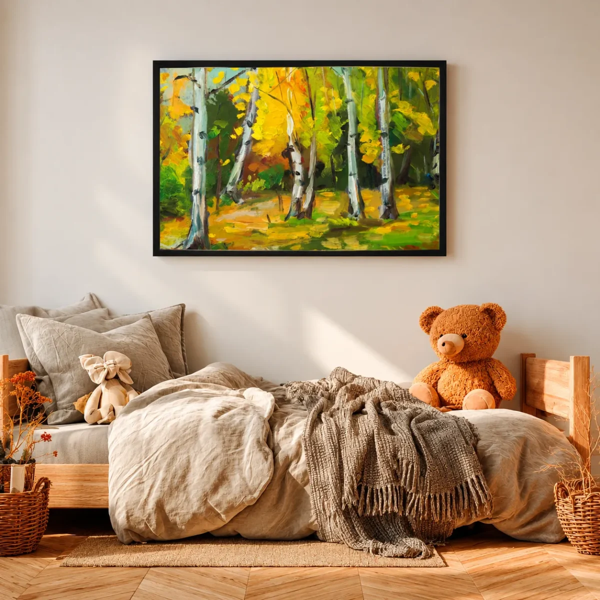 Amber Birch Reverie – Autumn Birch Forest Wall Art, Elegant Framed Prints