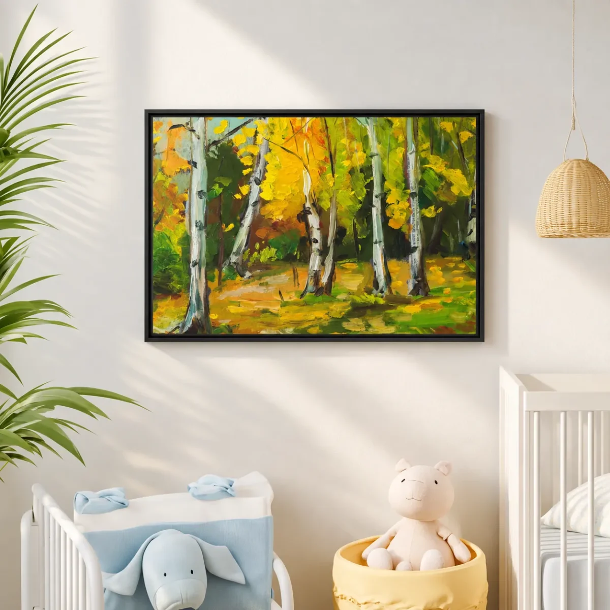 Amber Birch Reverie – Autumn Birch Forest Wall Art, Framed Canvas Decor