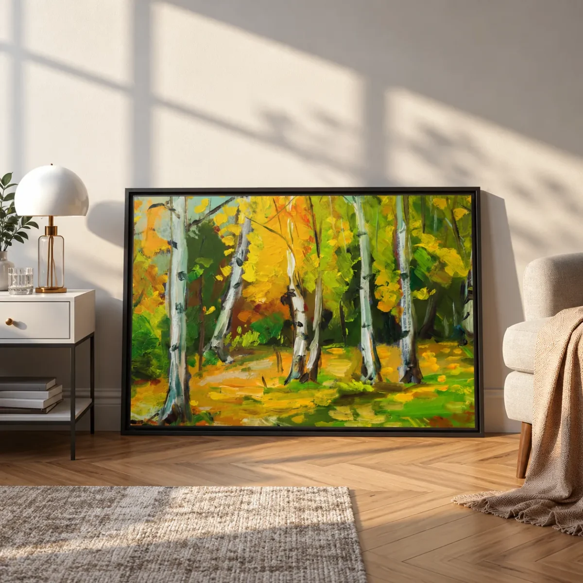 Amber Birch Reverie – Autumn Birch Forest Wall Art, Framed Canvas Decor