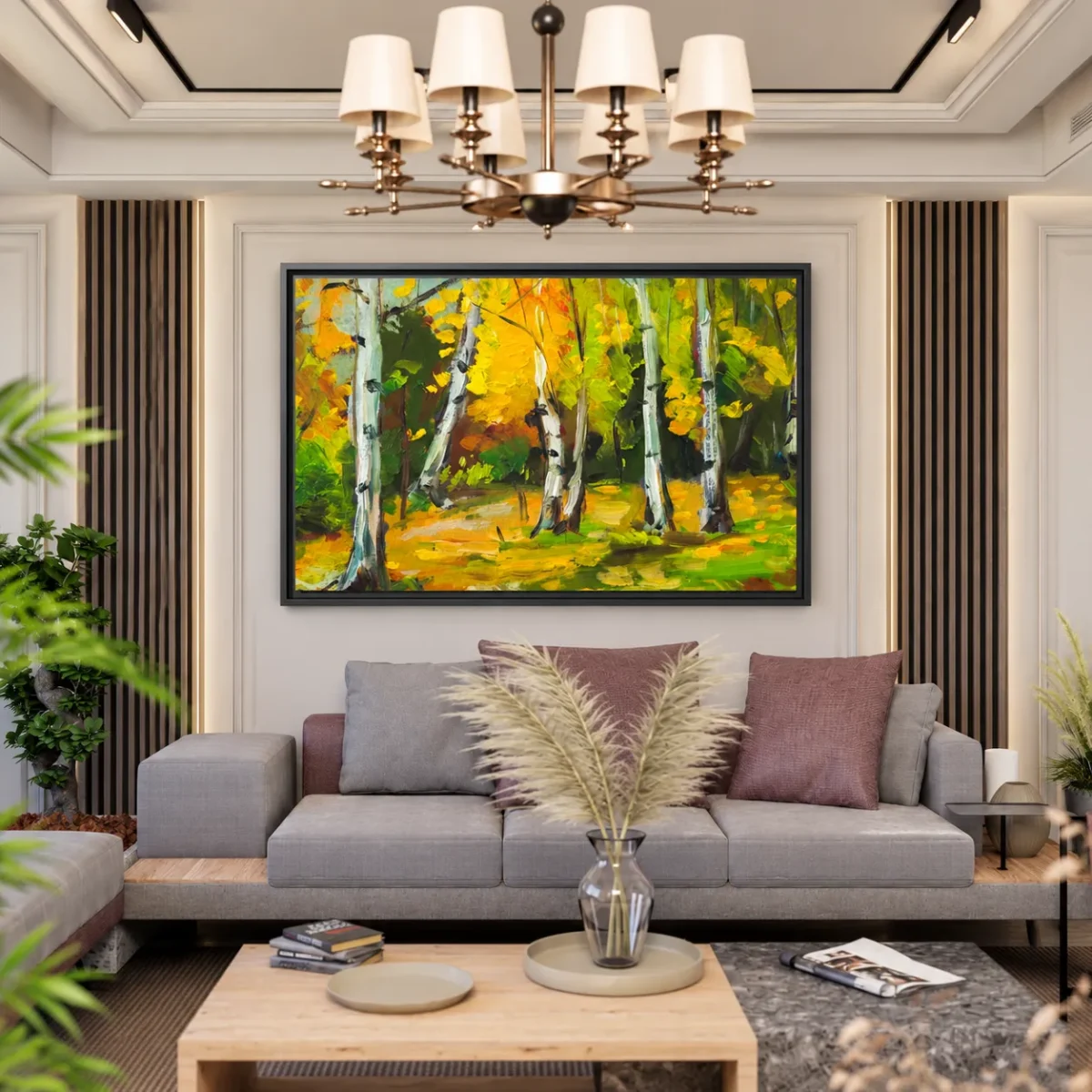 Amber Birch Reverie – Autumn Birch Forest Wall Art, Framed Canvas Decor
