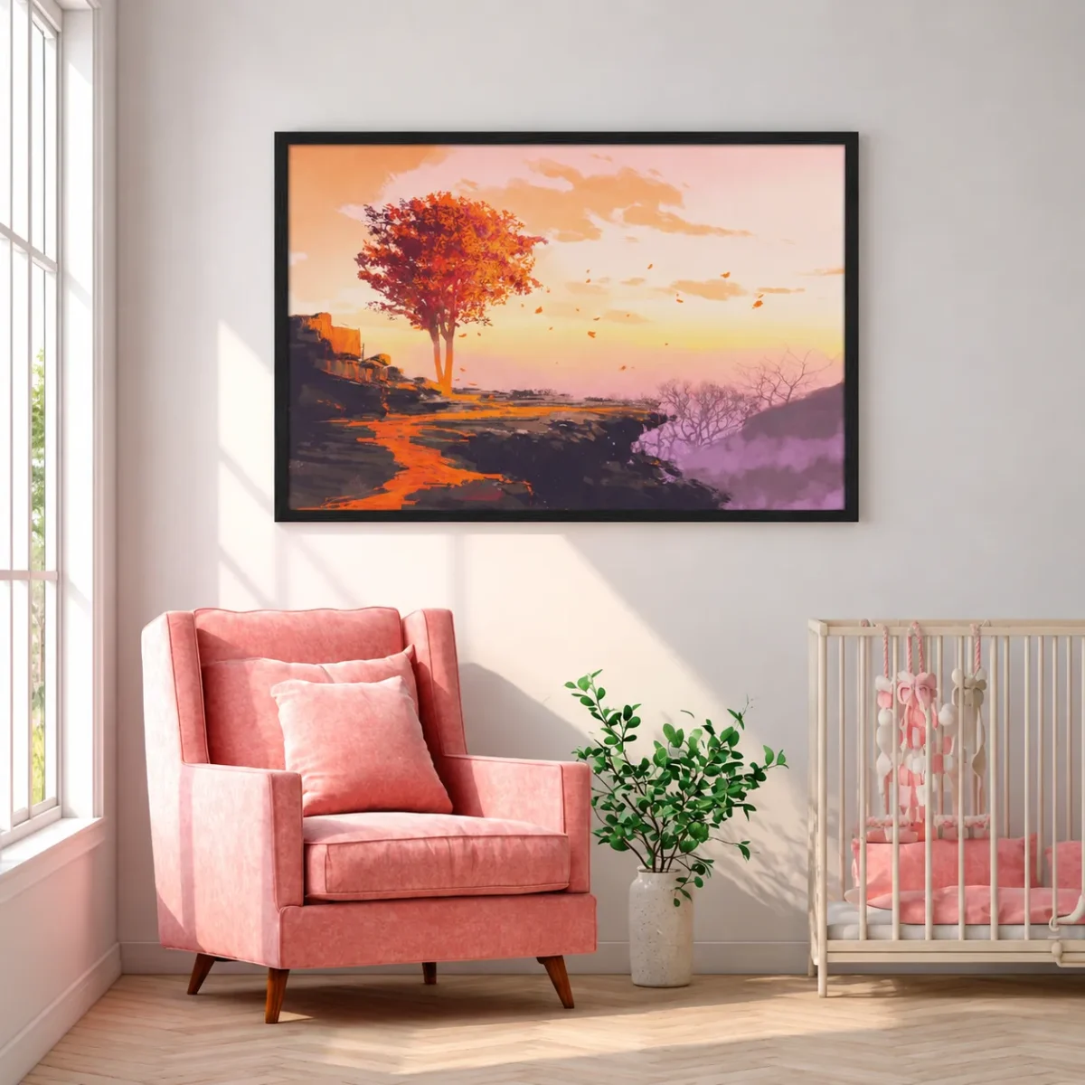 Emberfall Autumn Sunset Framed Art Print – Modern Landscape Wall Decor