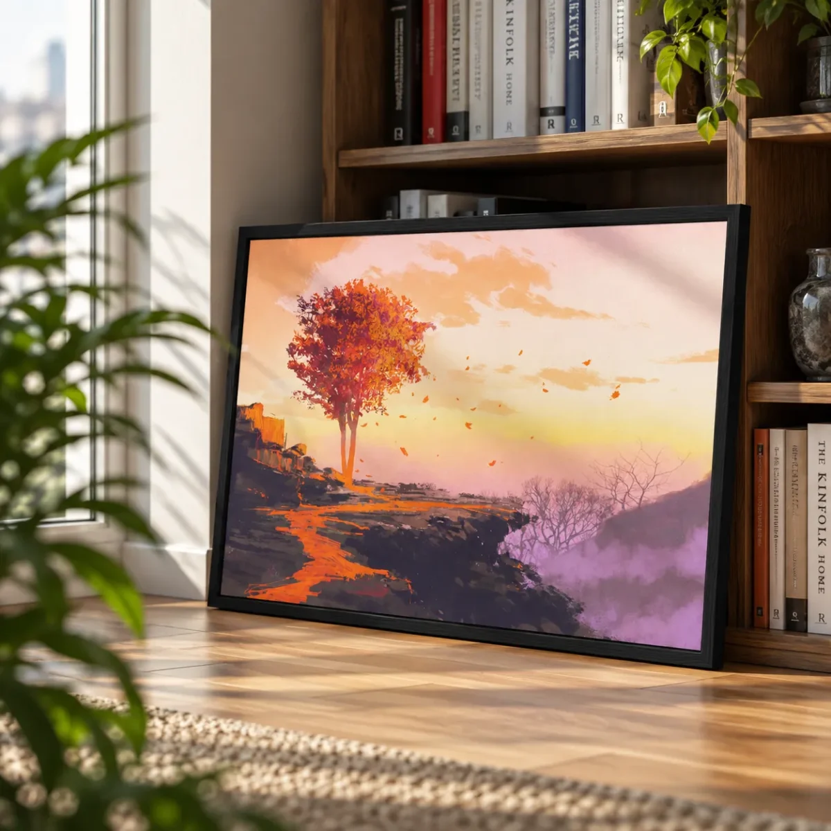 Emberfall Autumn Sunset Framed Art Print – Modern Landscape Wall Decor