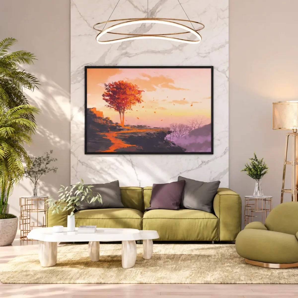 Emberfall Autumn Sunset Framed Art Print – Modern Landscape Wall Decor