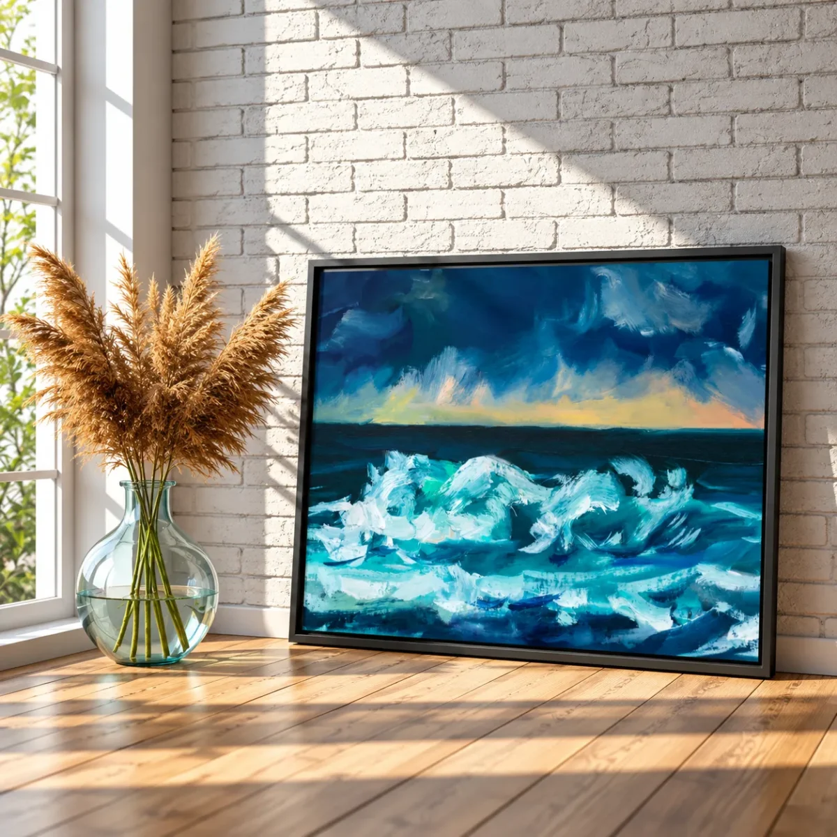 Tempest Horizon — Ocean Storm Framed Canvas Wall Art, Dramatic Coastal Decor