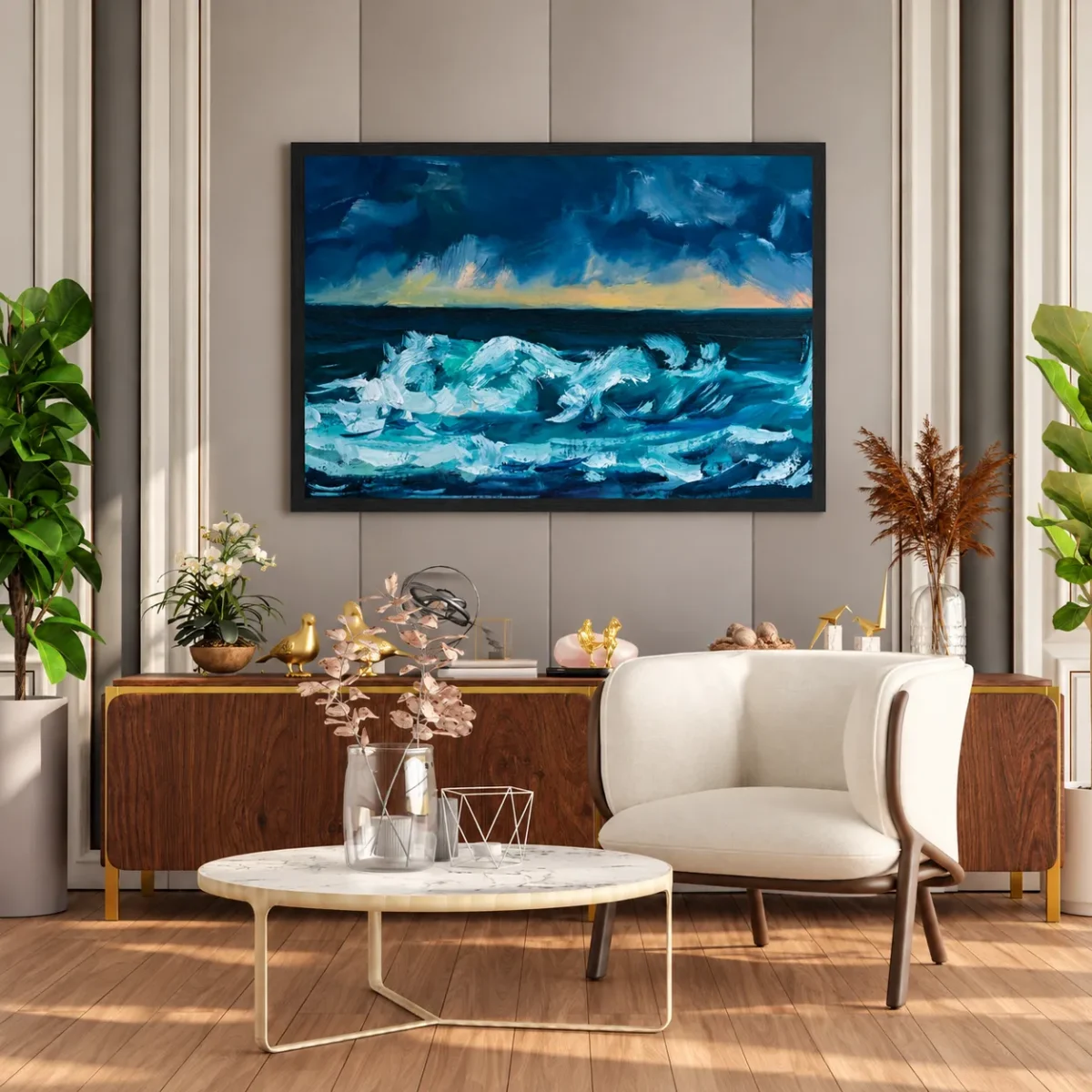 Tempest Horizon — Ocean Storm Framed Art Print, Moody Coastal Seascape Wall Decor