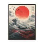 Crimson Horizon Japanese Wave Wall Art, Red Sun Ocean Framed Canvas Artwork