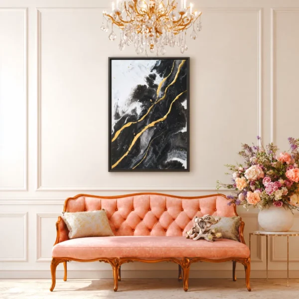 Obsidian Gold Flow – Black Gold Abstract Wall Art Premium Matte Framed Canvas