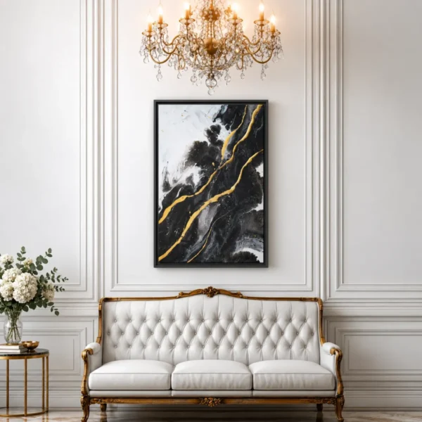 Obsidian Gold Flow – Black Gold Abstract Wall Art Premium Matte Framed Canvas