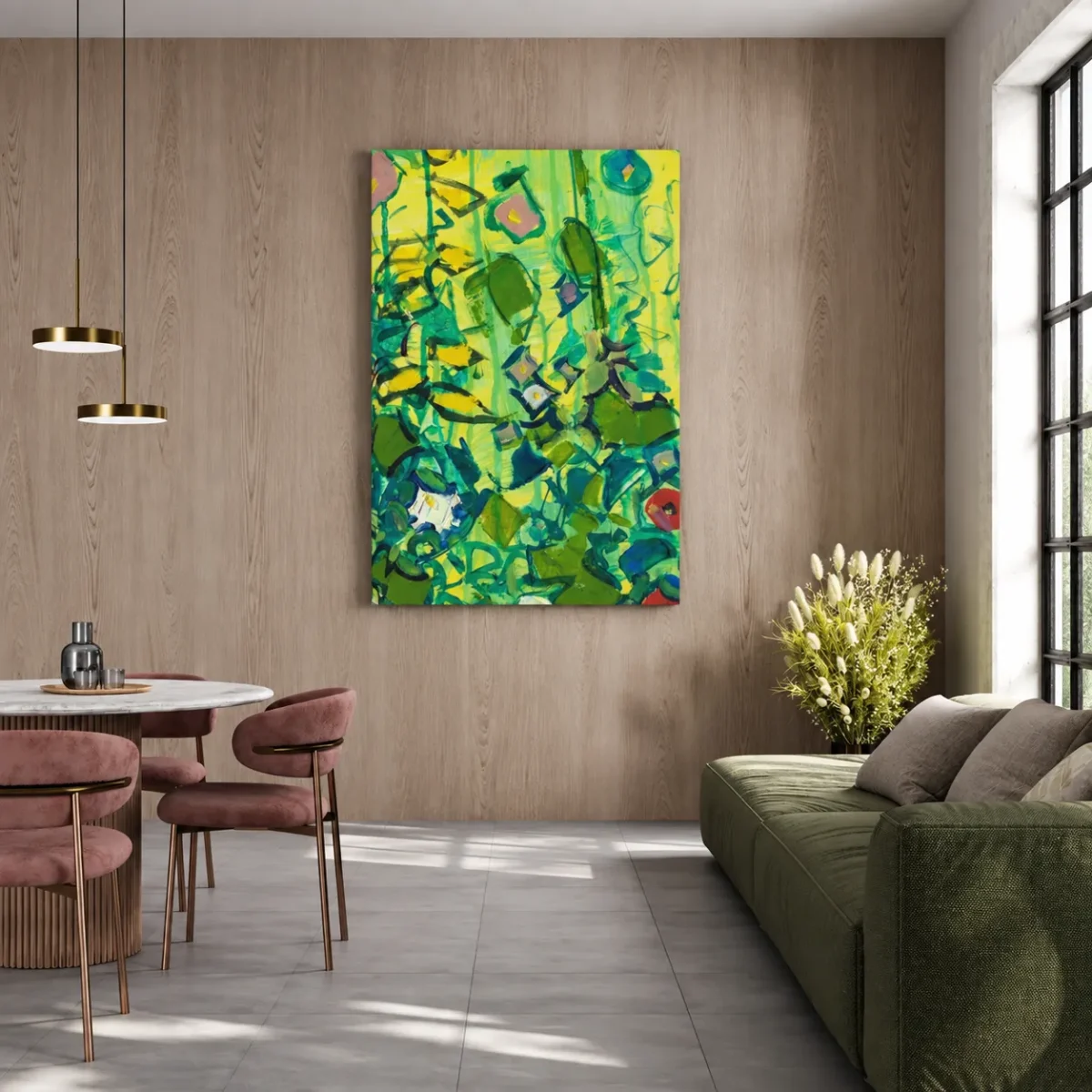 Canvas wall art — three sunflower field panels in a modern living room