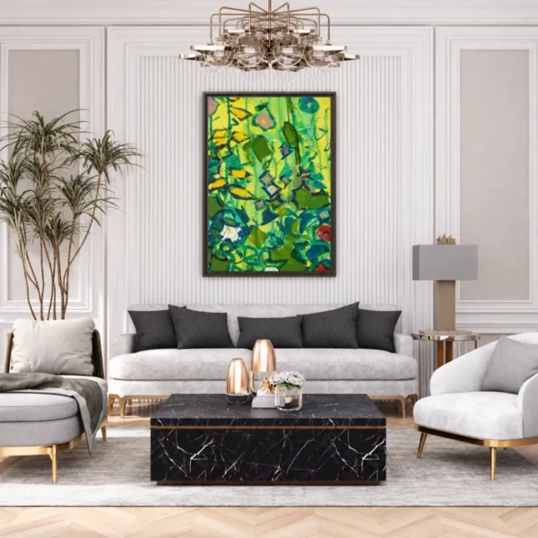 Verdant Bloom Symphony – Colorful Abstract Botanical Framed Canvas Wall Art, Premium Matte