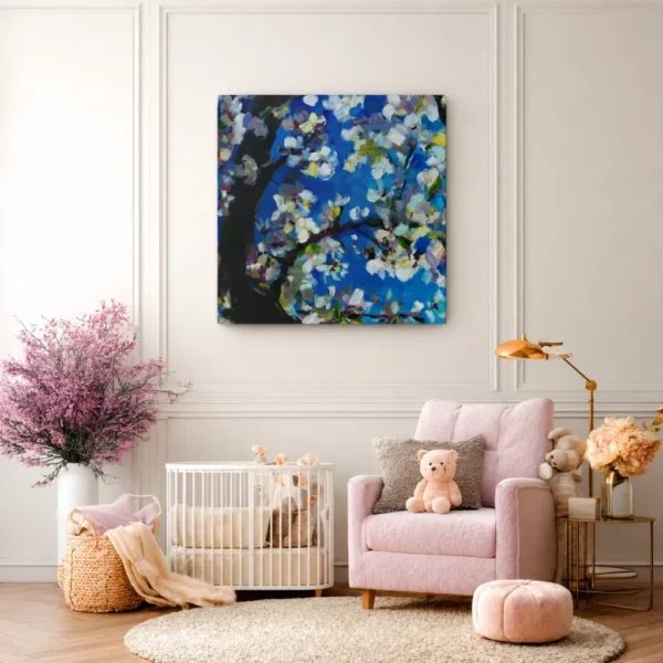 Azure Blossom Tree – Blue Floral Tree Wall Art, Premium Matte Stretched Canvas