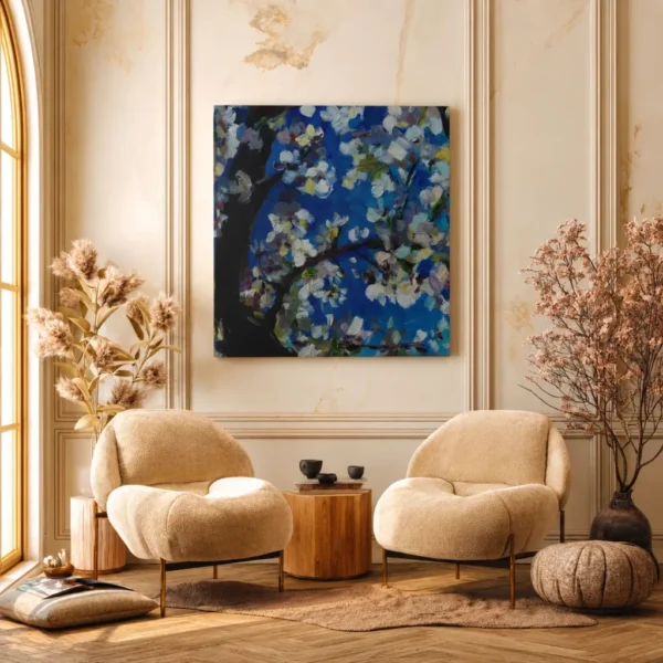 Azure Blossom Tree – Blue Floral Tree Wall Art, Premium Matte Stretched Canvas