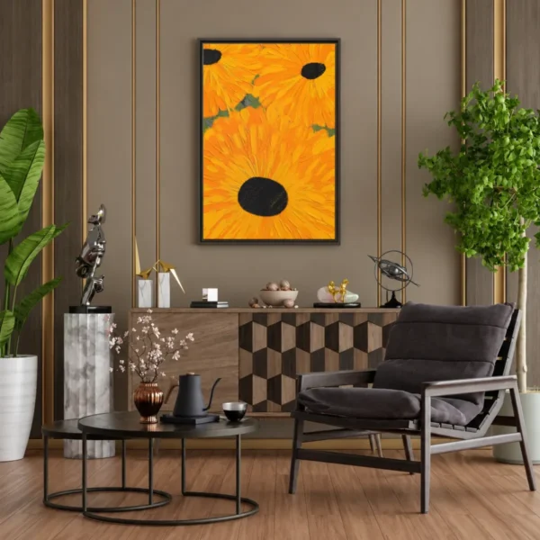 Golden Sunburst Sunflower Wall Art, Premium Matte Framed Canvas for Modern Decor