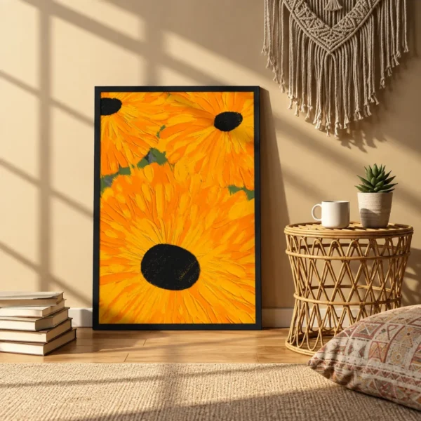 Golden Sunburst Sunflower Wall Art, Premium Matte Paper Framed Print for Modern Decor