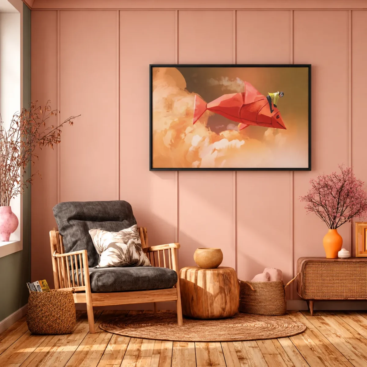 Crimson Origami Fish Wall Art – Premium Matte Framed Canvas for Modern Decor
