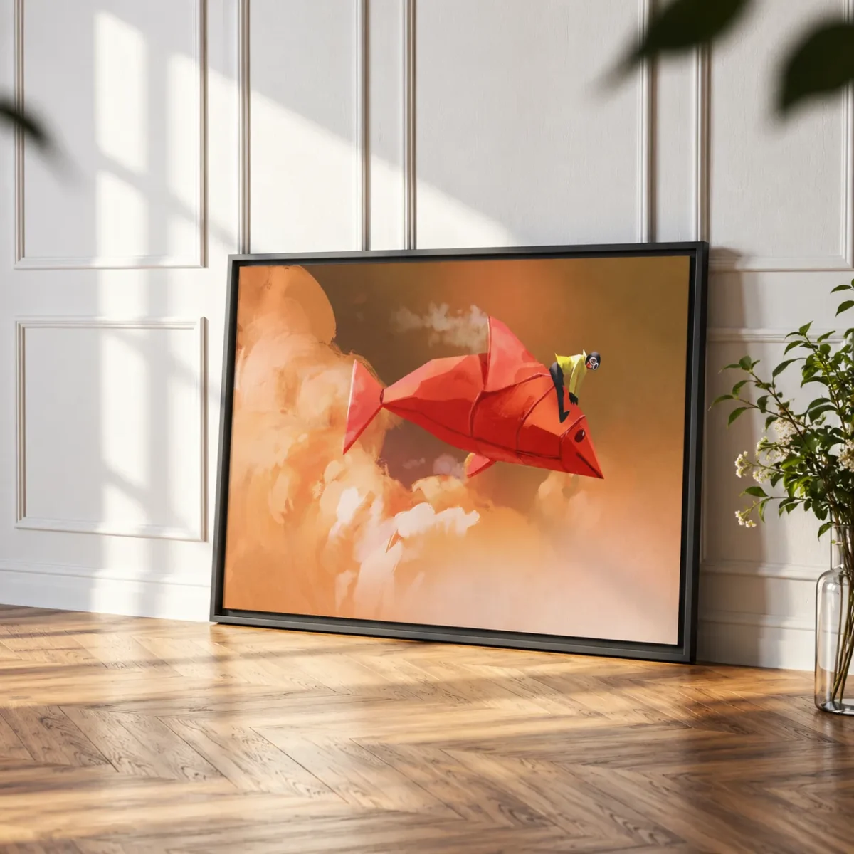 Crimson Origami Fish Wall Art – Premium Matte Framed Canvas for Modern Decor