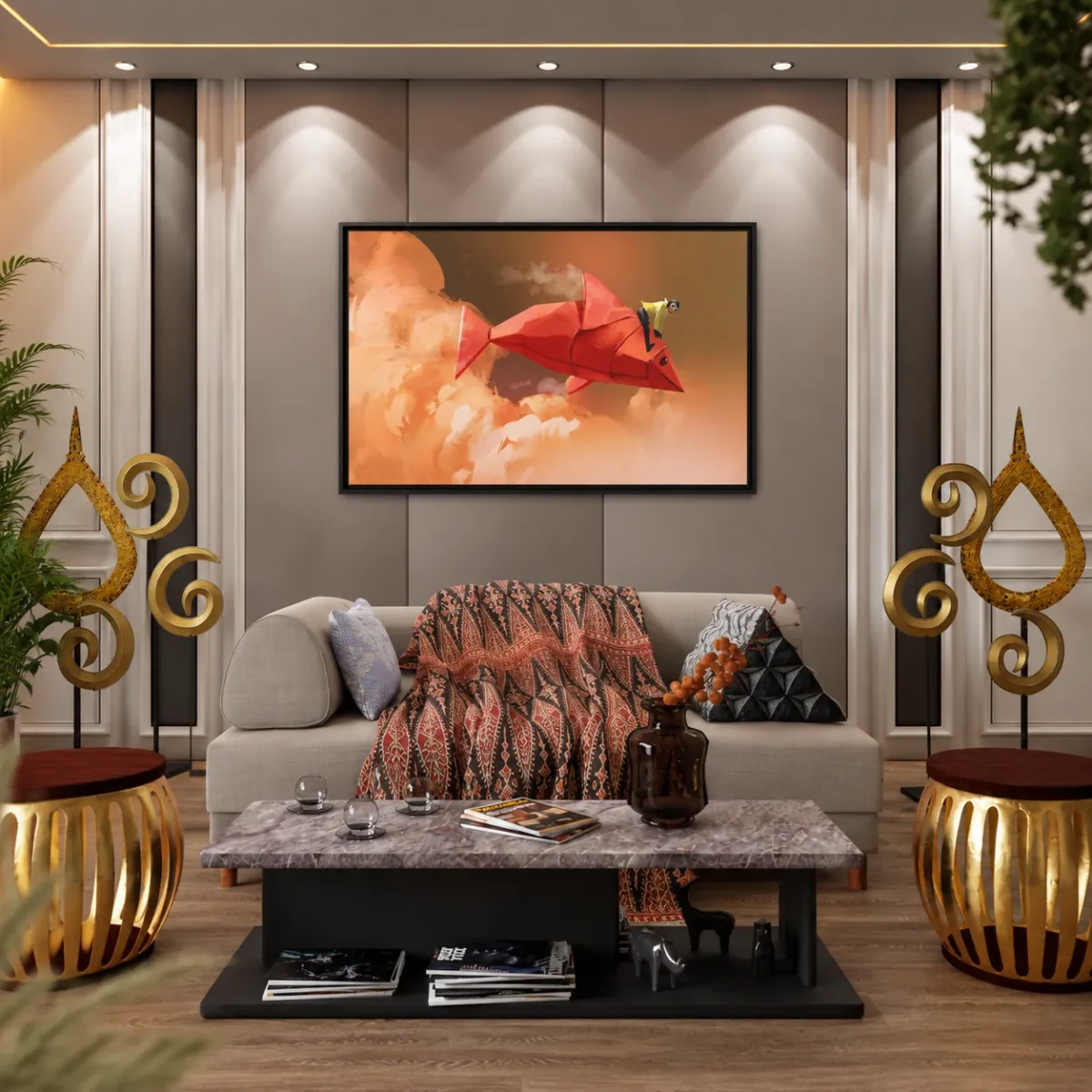 Crimson Origami Fish Wall Art – Premium Matte Framed Canvas for Modern Decor