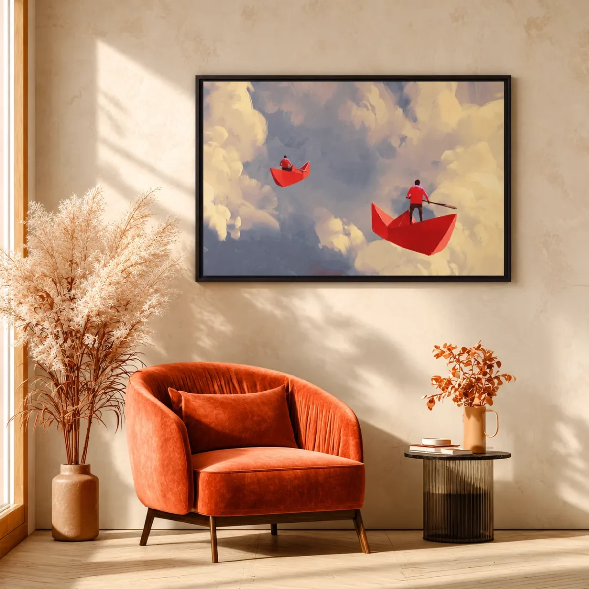 Crimson Paper Boat Wall Art – Dreamy Surreal Sky Premium Matte Framed Canvas