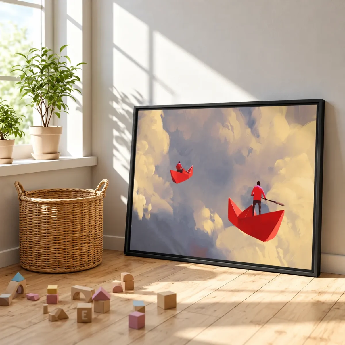 Crimson Paper Boat Wall Art – Dreamy Surreal Sky Premium Matte Framed Canvas