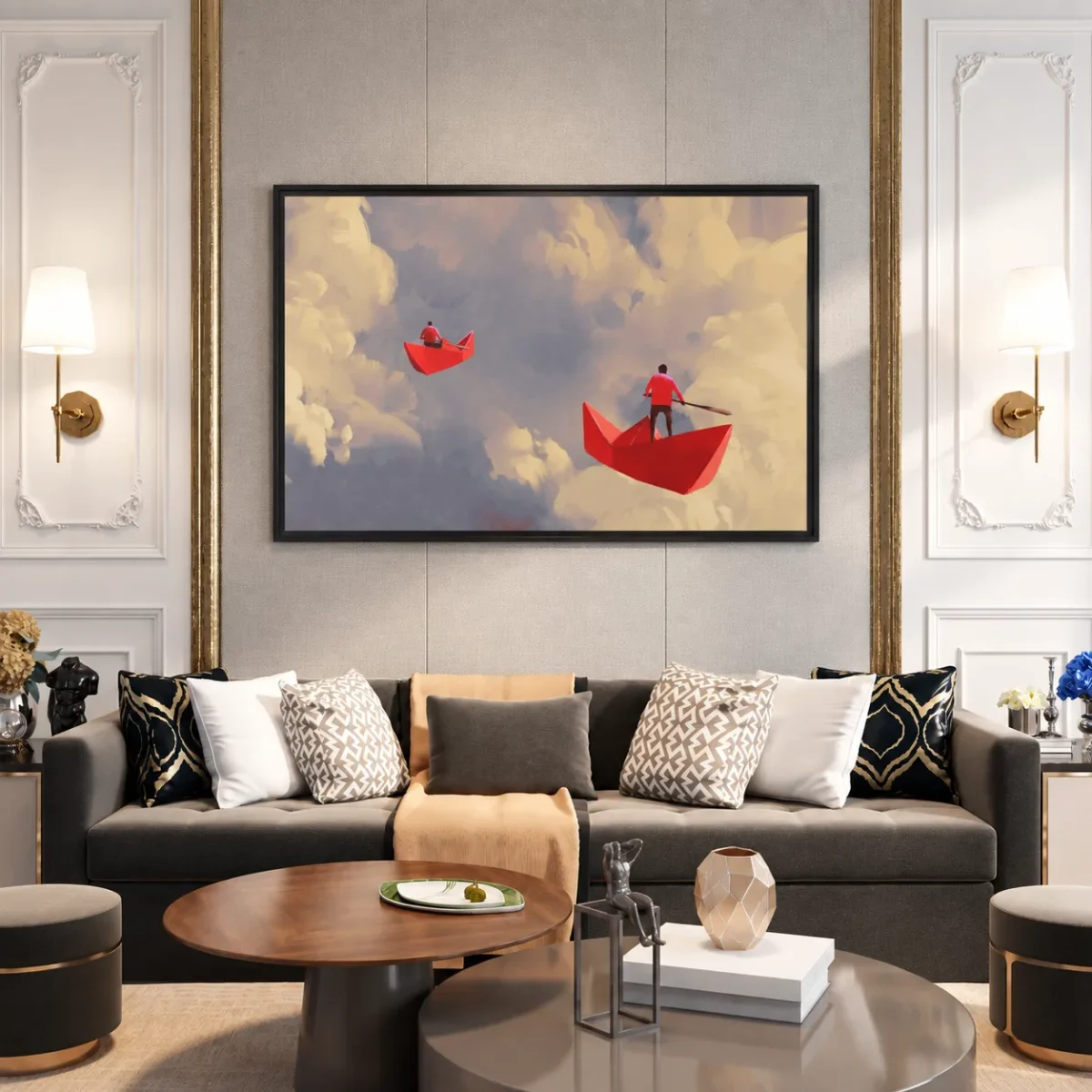 Crimson Paper Boat Wall Art – Dreamy Surreal Sky Premium Matte Framed Canvas