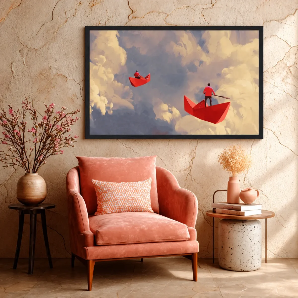 Crimson Paper Boat Wall Art – Dreamy Sky Premium Matte Paper Framed Prints