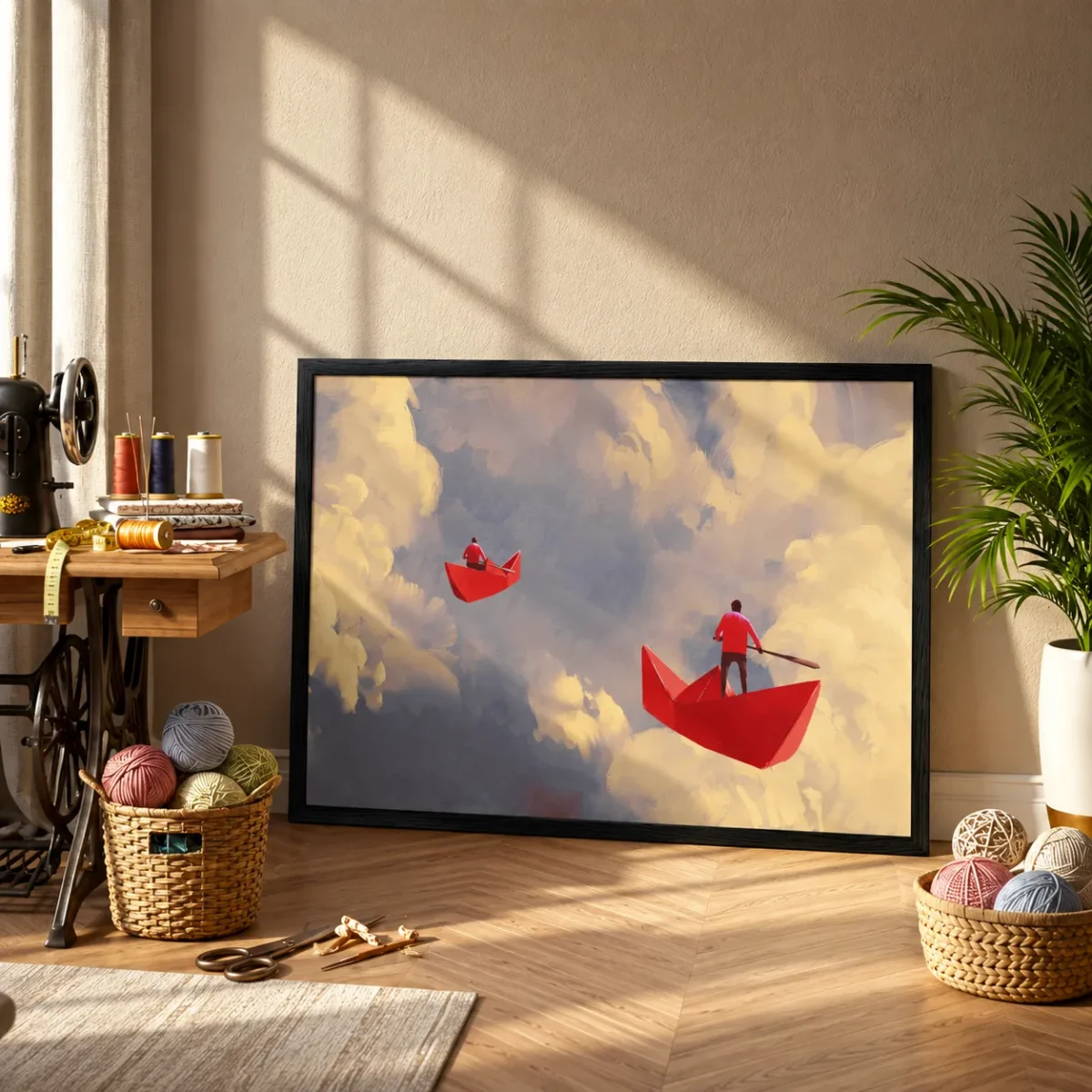 Crimson Paper Boat Wall Art – Dreamy Sky Premium Matte Paper Framed Prints