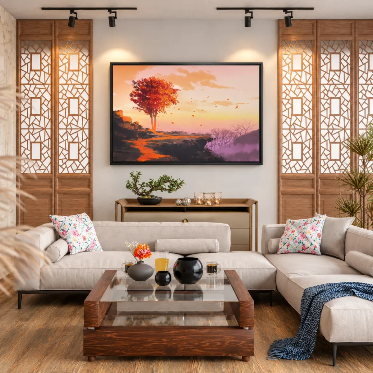 Emberfall Autumn Sunset Framed Canvas Wall Art – Modern Scenic Decor