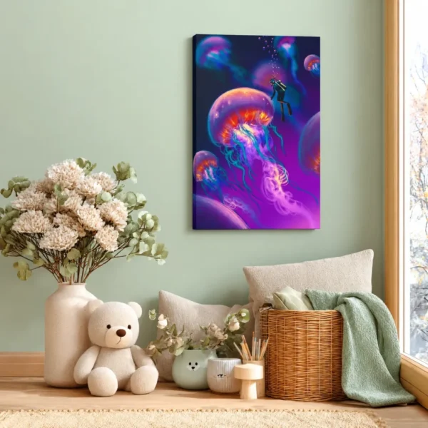 Abyssal Glow Jellyfish Ocean Wall Art, Premium Matte Canvas, Underwater Decor