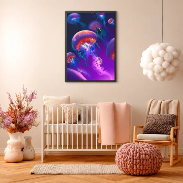 Abyssal Glow Jellyfish Ocean Wall Art, Premium Matte Framed Canvas Decor