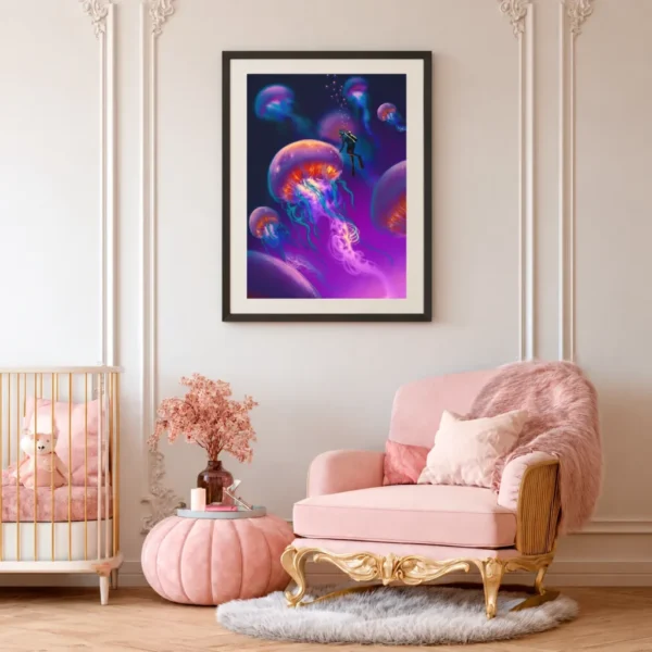 Abyssal Glow Jellyfish Ocean Wall Art, Premium Matte Framed Print, Deep Sea Decor