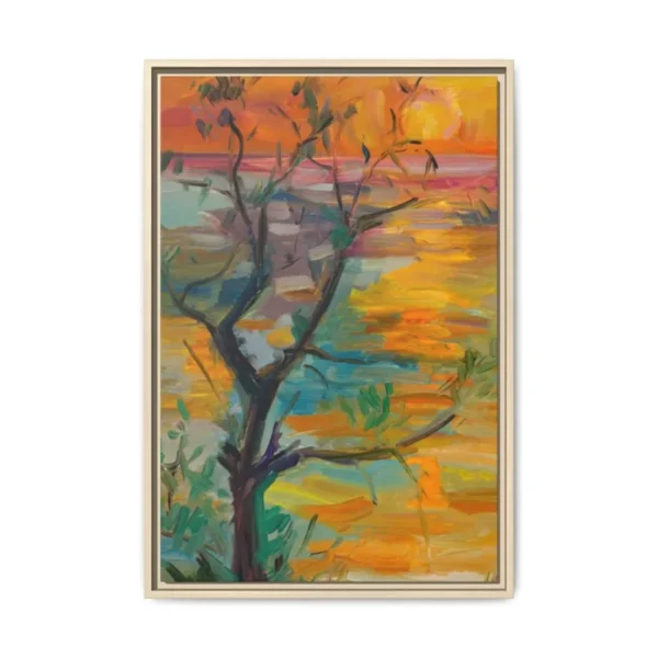 Golden Ember Tree Wall Art – Premium Matte Framed Canvas, Vibrant Sunset Landscape Decor
