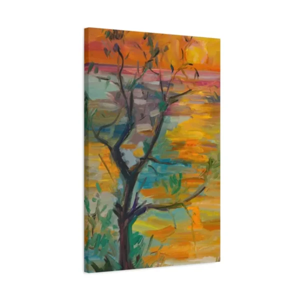 Golden Ember Tree – Sunset Tree Wall Art, Premium Matte Stretched Canvas for Modern Interiors