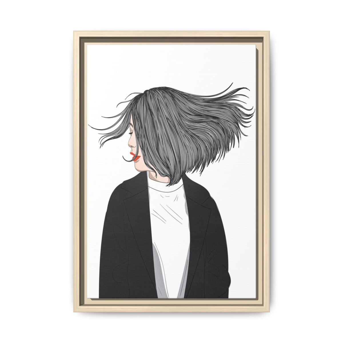 Velvet Gale – Windswept Woman Framed Canvas Wall Art for Modern Interiors