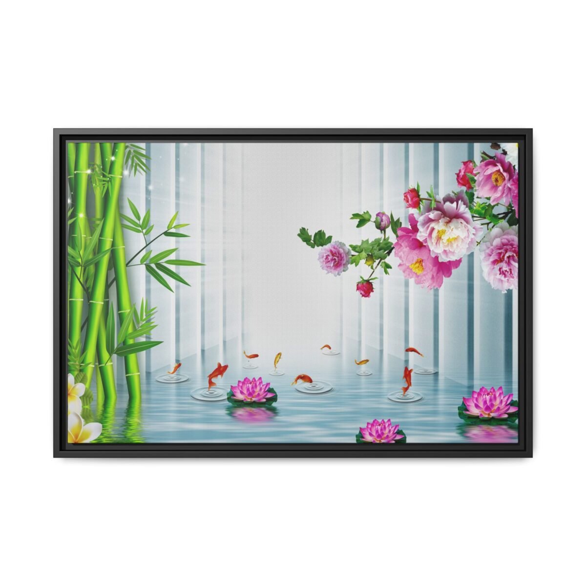 Bamboo Lotus Reverie – Koi Pond Wall Art Framed Canvas, Japanese Garden Decor