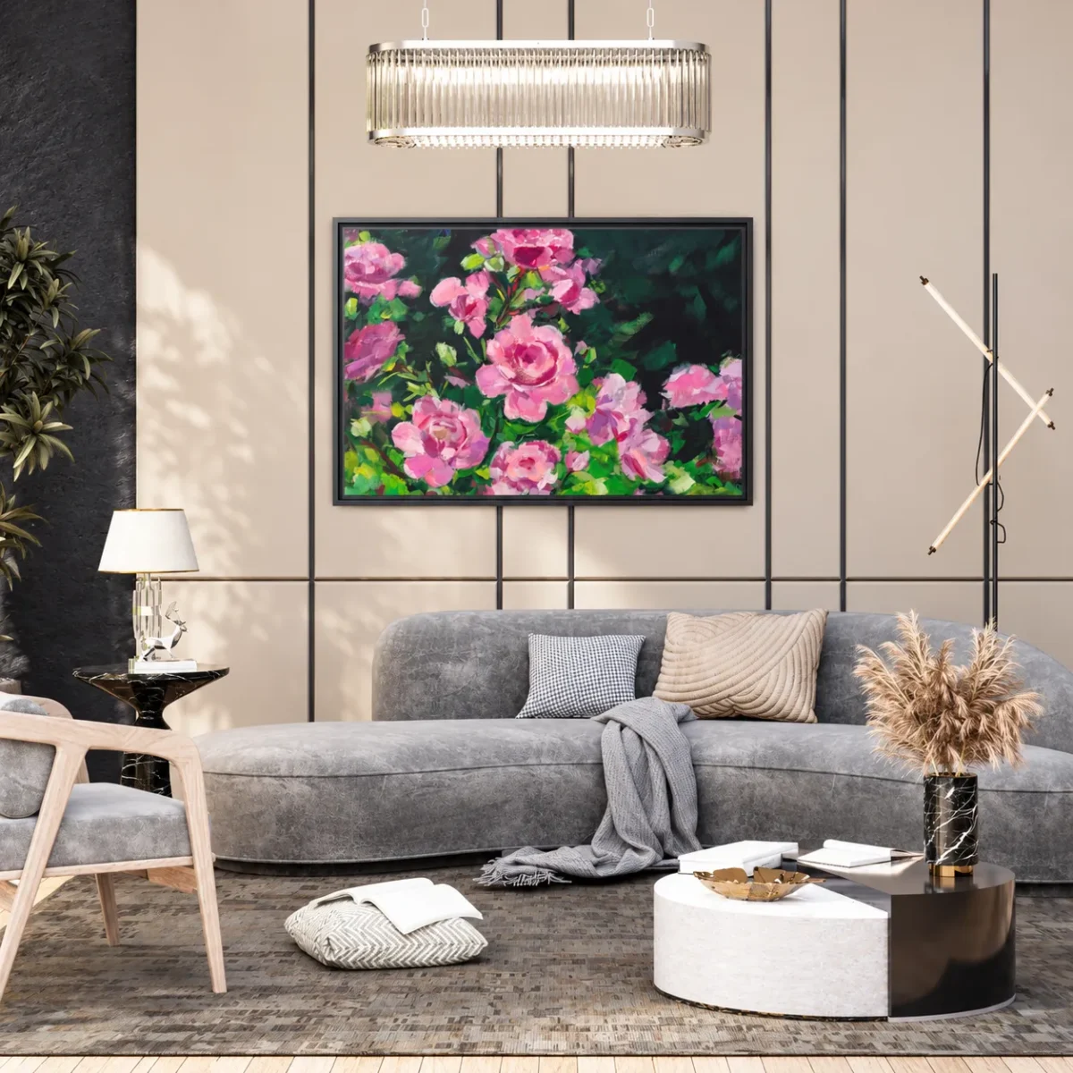 Roselight Sonata – Pink Rose Garden Wall Art, Elegant Framed Canvas Decor