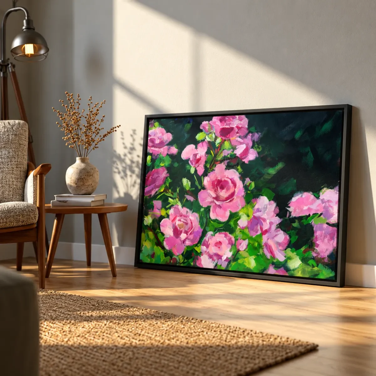 Roselight Sonata – Pink Rose Garden Wall Art, Elegant Framed Canvas Decor