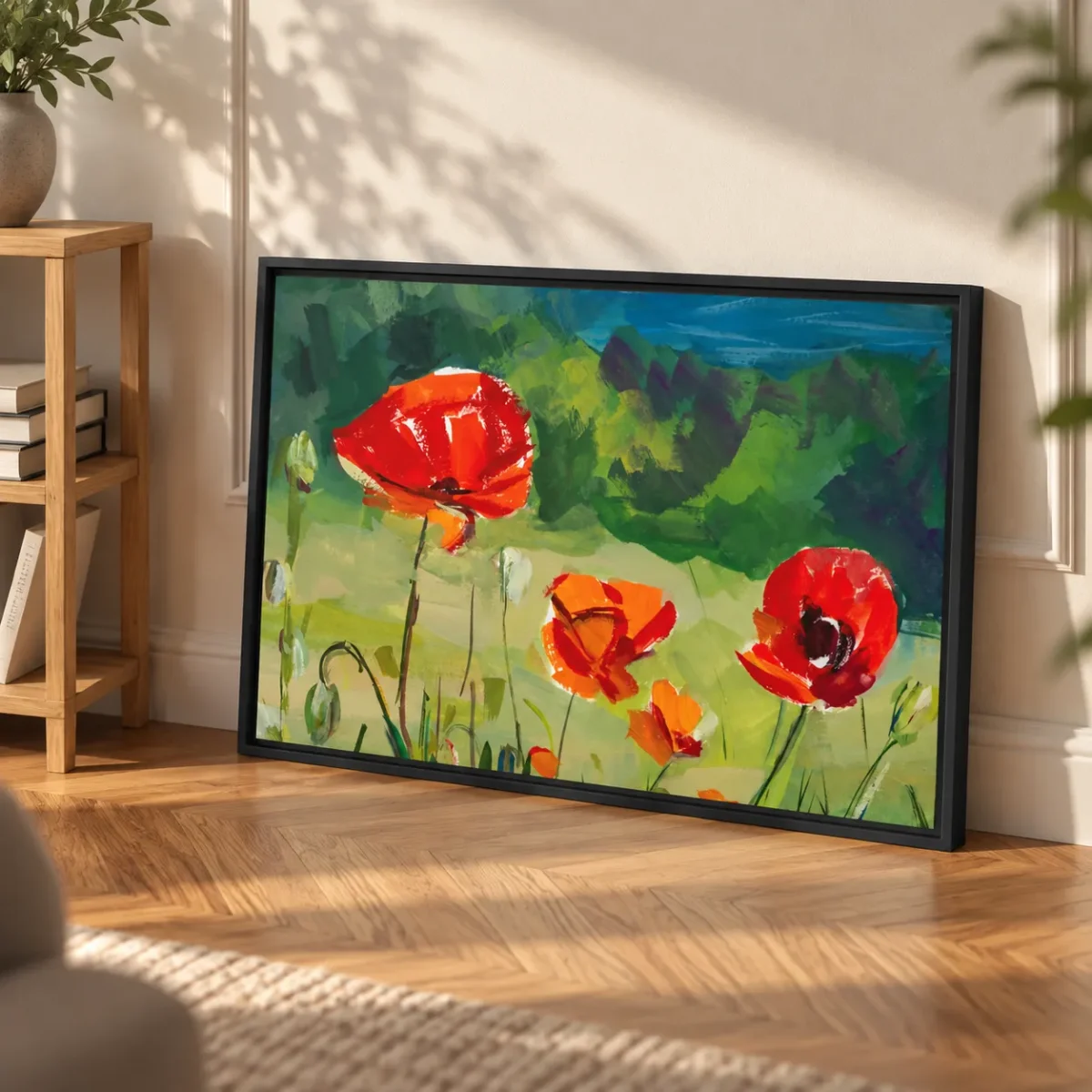 Poppyfield Verdure Framed Canvas Wall Art – Expressive Floral Meadow Decor