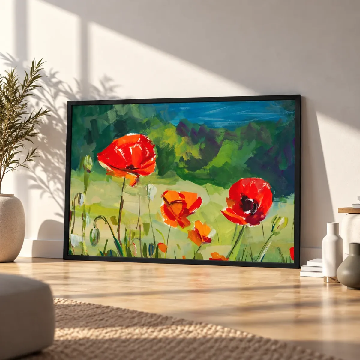 Poppyfield Verdure Framed Art Print – Expressive Floral Meadow Landscape Decor