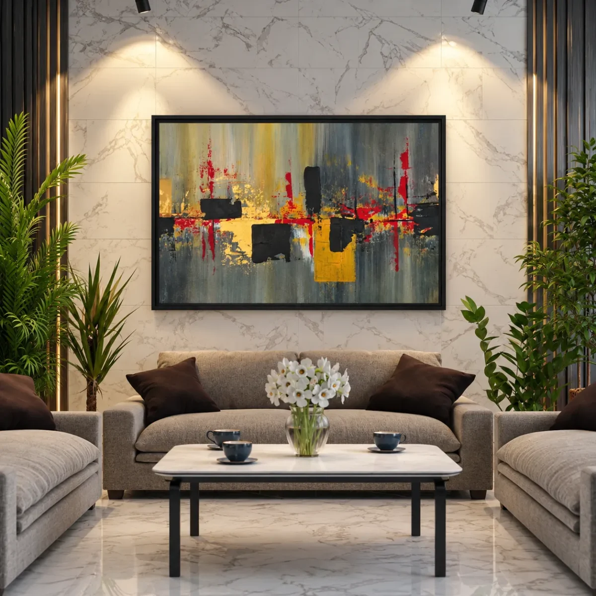 Obsidian Resonance — Oxblood Gold Abstract Wall Art Framed Canvas